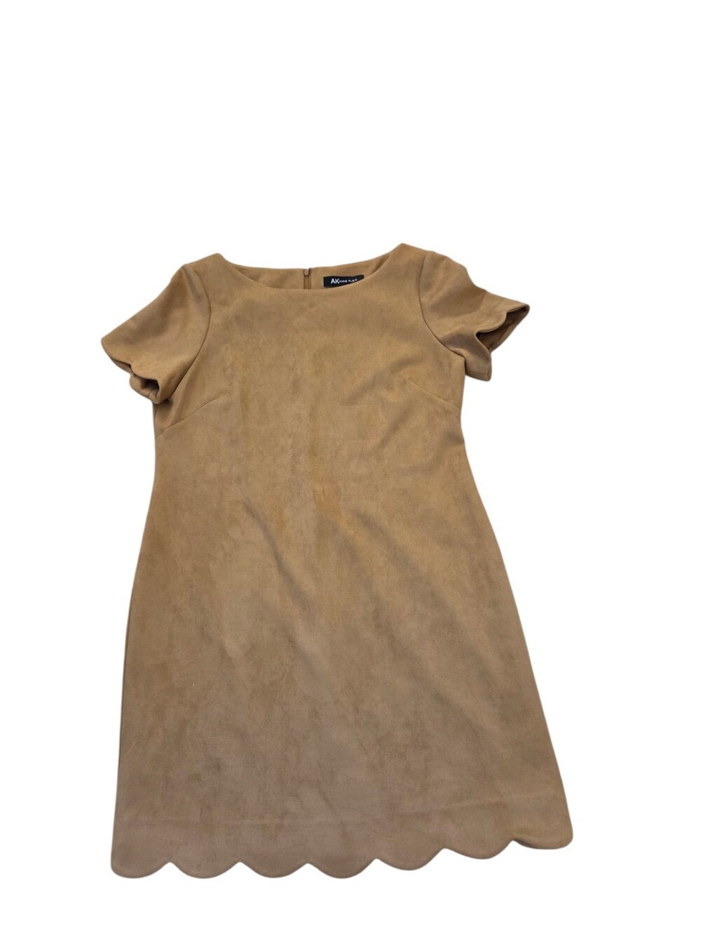 Anne Klein camel colored faux suede short sleeve scallop edged dress, L. EUC.